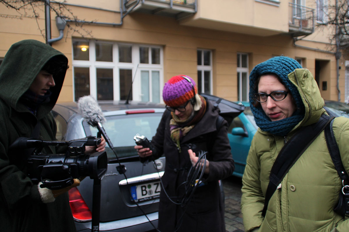 My Name Is Janez Janša, movie set: Miona Bogović (left), Marta Popivoda (center) and Gaia Novati