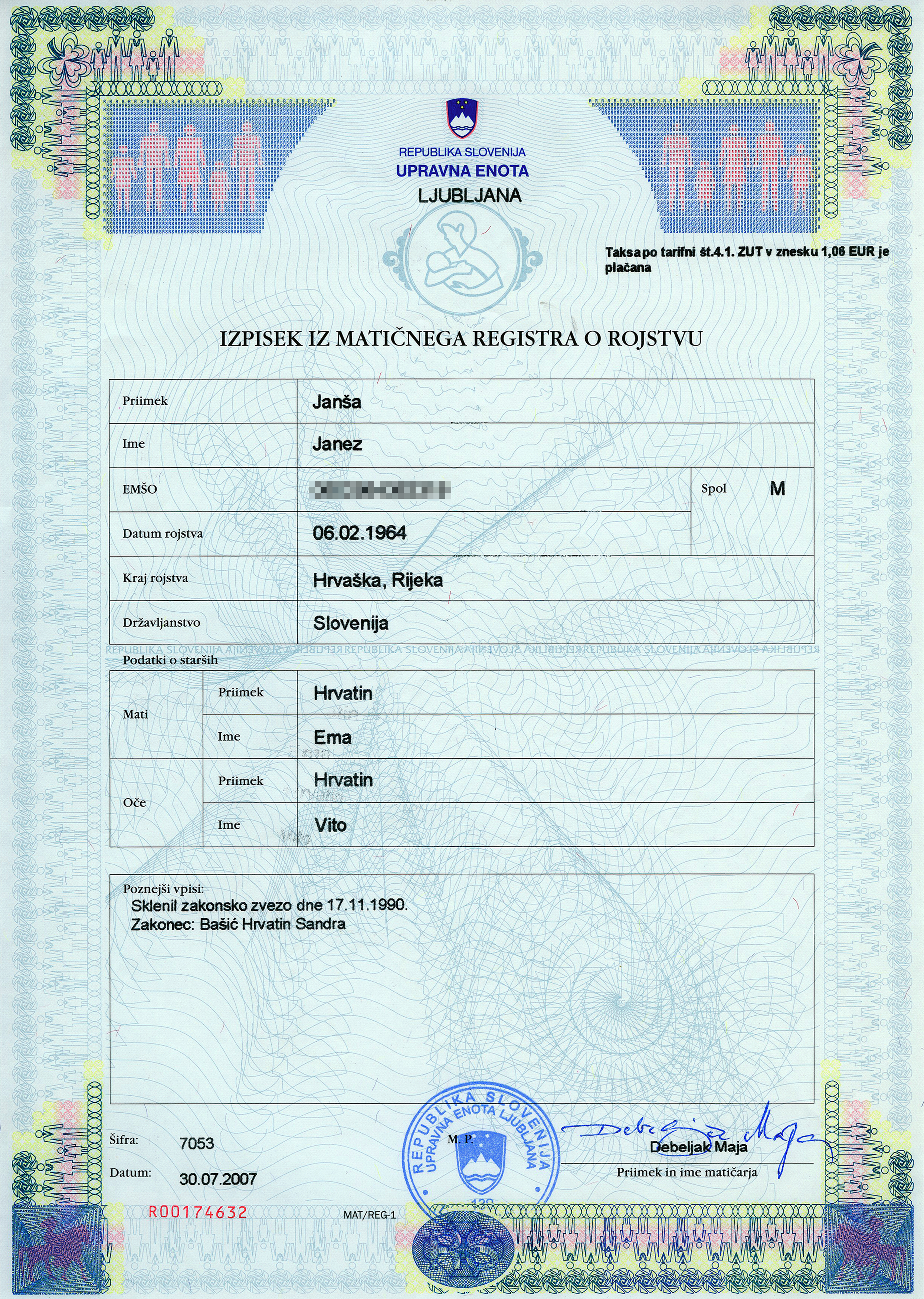 Birth Certificate Janez Jansa 1
